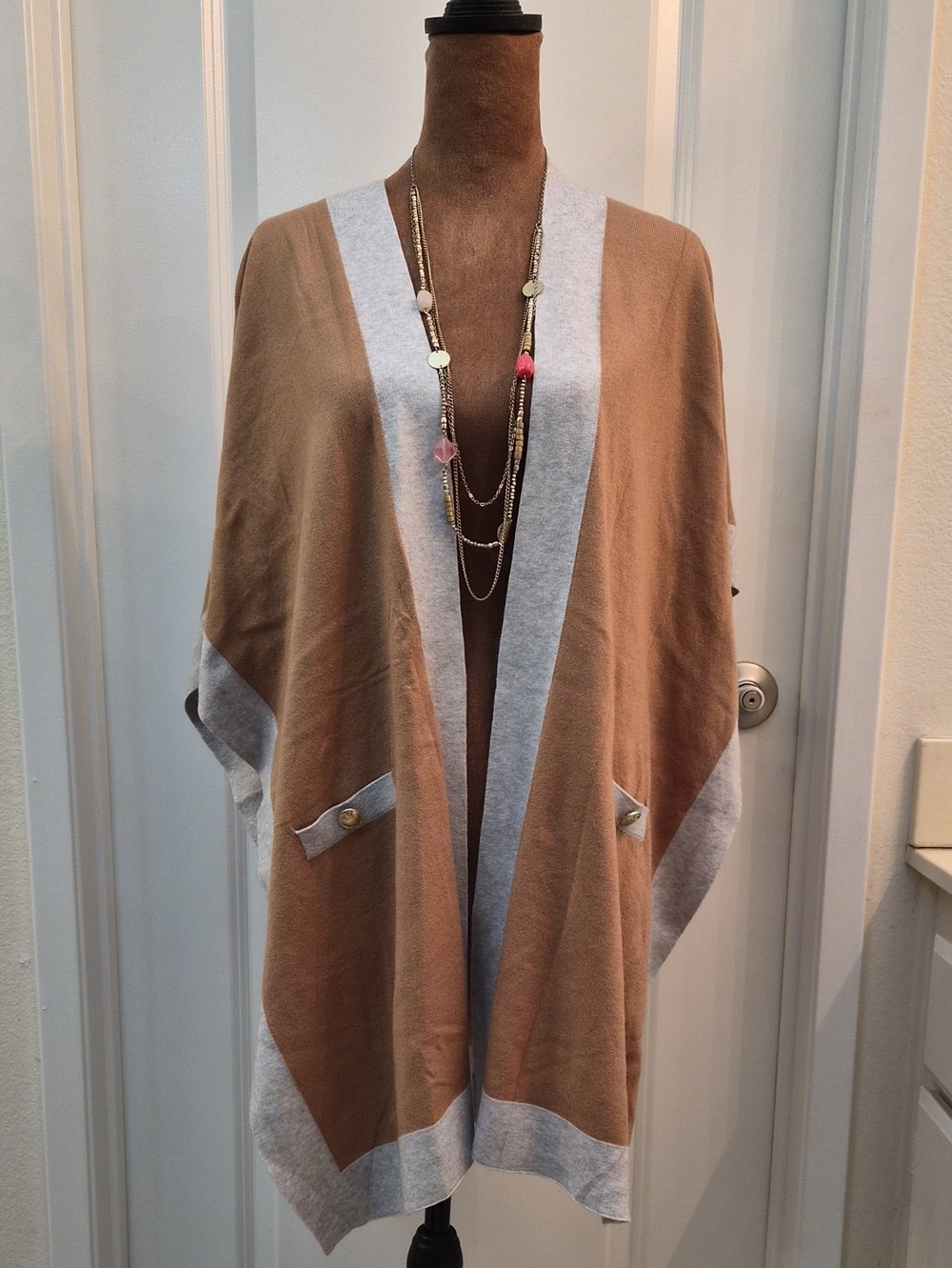 LOFT Camel and Light Gray Open-Front Poncho.*Necklace Not Included.